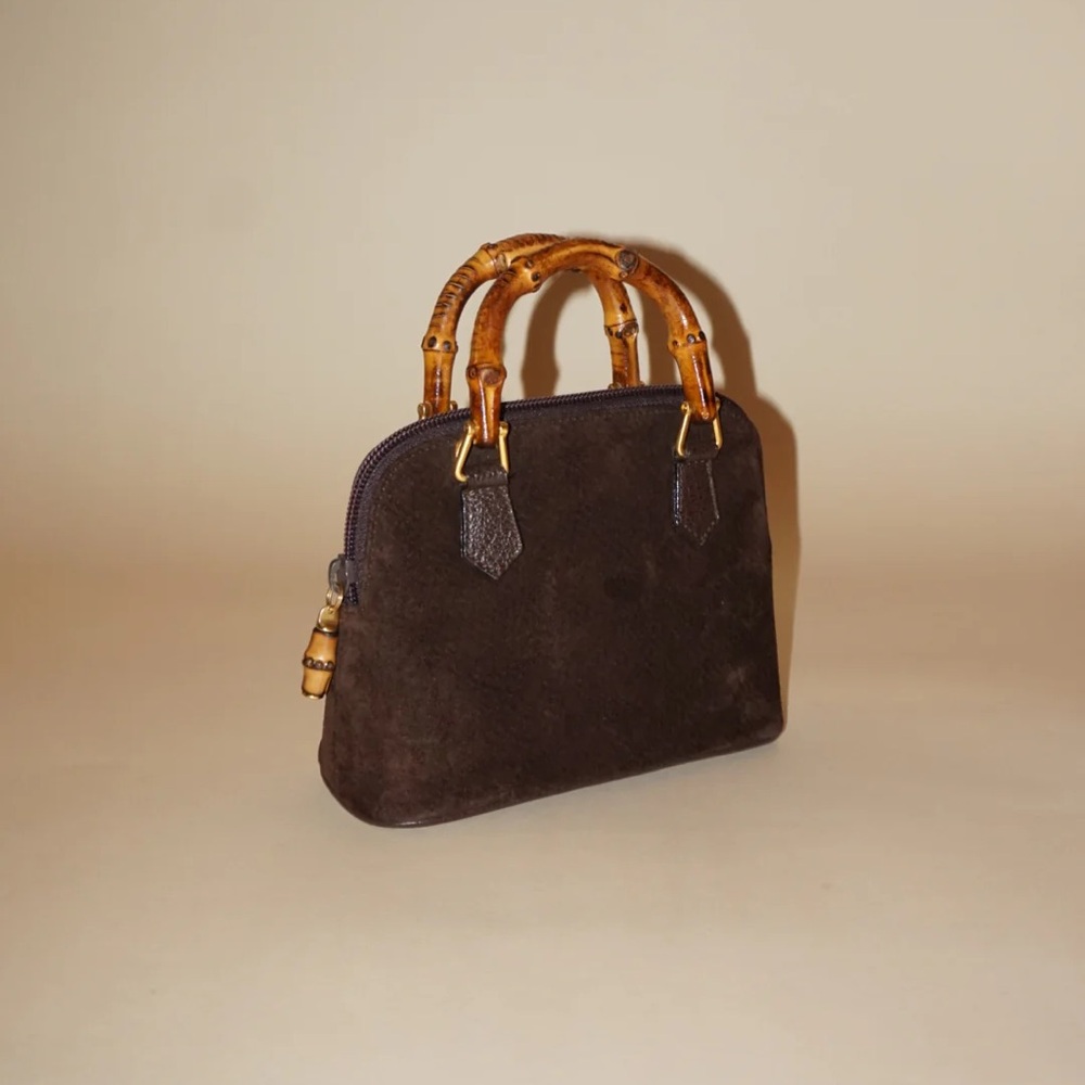 “Gucci” 80’s Brown Suede Mini Vintage Bamboo Handbag - Picture 1 of 10